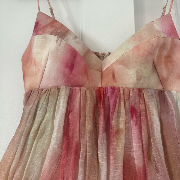 Zimmermann Pink and White Dancer Empire Waist Midi Dress in Abstract Blush sz 0 - Picture 4 of 7